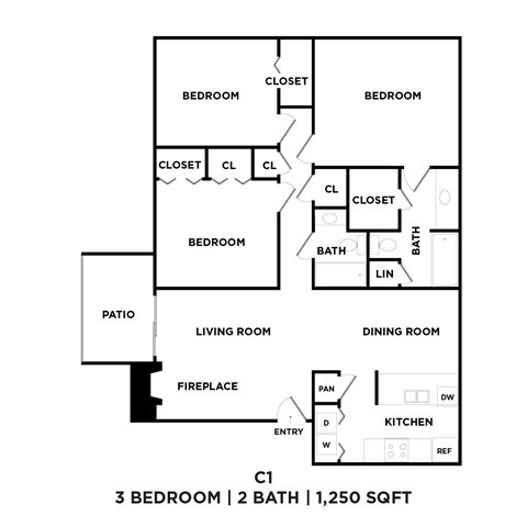 A black and white image of a floor plan for a 3 bedroom, 2 bathroom apartment.